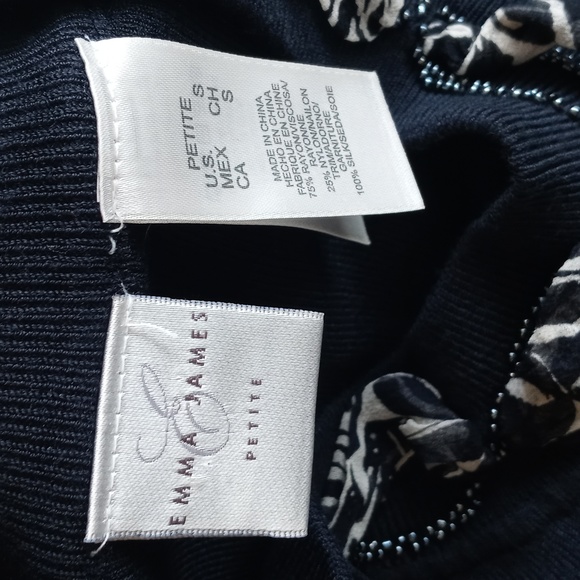 Emma James Nylon Rayon Deep Navy Blue Long Sleeve Sweater Silk Beaded Bow Trim S - Picture 3 of 10